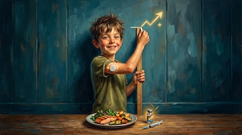 Un niño mide su altura en una pared de madera junto a un plato de comida, un vial de insulina, una jeringa y un sensor en su brazo.