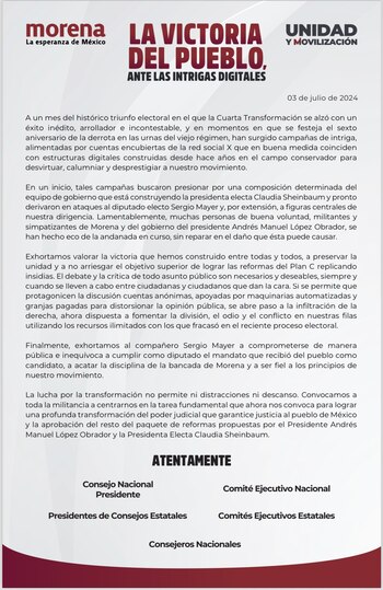 Comunicado de Morena. (Morena)