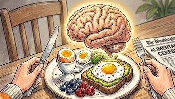 Ilustración de un desayuno con tostada de aguacate y huevo frito, huevos cocidos, arándanos, frambuesas. Un cerebro brillante flota sobre el plato, manos sostienen cubiertos