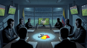 Ilustración de hombres en traje reunidos alrededor de una mesa con un silbato, tarjetas, carpetas de informes y monitores de VAR.