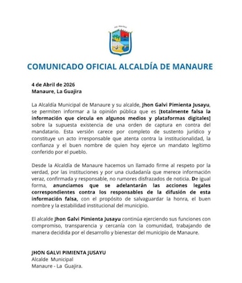 Comunicación oficial de la Alcaldía de Manaure rechaza versiones sin sustento jurídico que afectan la institución y el buen nombre de su mandatario - crédito Alcaldía municipal de Manaure/Facebook