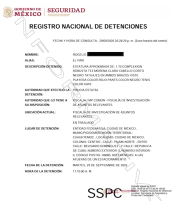 Ficha oficial que detalla el sitio de la detención de "El Pary". Crédito: SSC