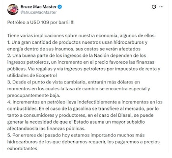 Bruce Mac Master, presidente de la Andi, señaló que incrementos en petróleo lleva indefectiblemente a incrementos en los combustibles - crédito @BruceMacMaster/X
