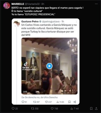 Marbelle atacó al presidente Petro