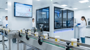 Vista de un laboratorio biomédico automatizado con una cinta transportadora moviendo frascos de orina hacia una máquina de análisis y una pantalla con resultados de NGAL y suPAR.