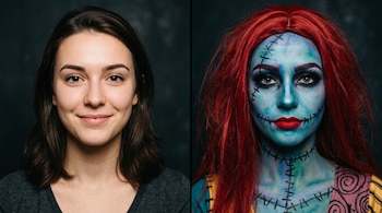 Composición con el rostro de una mujer a la izquierda y la misma mujer a la derecha con piel azul, costuras pintadas y cabello rojo.
