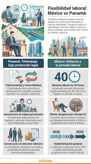 Infografía con texto sobre flexibilidad laboral en Panamá y México, con ilustraciones de trabajadores, computadoras, un reloj y tráfico.
