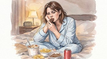 Ilustración acuarela de una mujer en pijama sentada en la cama, comiendo chocolate, con cuencos de patatas, frutos secos y un refresco.