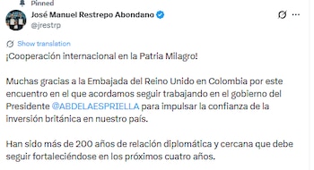 La reunión entre el vicepresidente y el embajador incluyó el diálogo sobre la inversión inglesa en el país - crédito @jrestrp/X