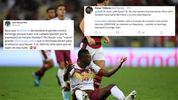 El Deportes Tolima sigue siendo objetivo de críticas, burlas y diferentes mensajes tras salir goleado de la Copa Libertadores a manos de Flamengo. Imagen: AFP, @ctrillerasjr y @fufurios.