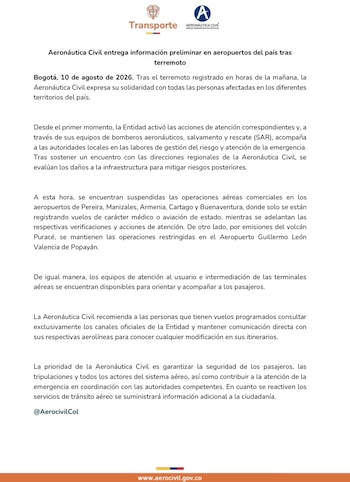 La Aeronáutica Civil informa a la ciudadanía sobre el estado de los aeropuertos del país tras el terremoto registrado esta mañana en Colombia - crédito @AerocivilCol / X