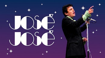 El cantante José José ante un micrófono sobre un fondo de color degradado con su nombre en letras grandes y estrellas blancas.