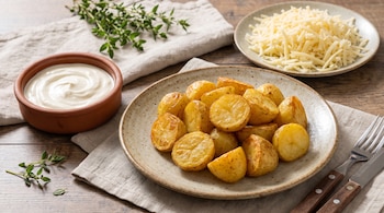 Un plato con papas asadas al centro, un recipiente con crema, un plato con queso rallado y cubiertos sobre un mantel y mesa de madera.