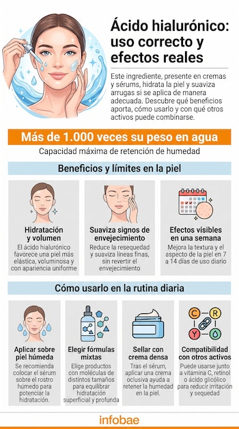 Infografía con ilustración de una mujer aplicando sérum, gotas, texto sobre ácido hialurónico, capacidad de humedad, beneficios, límites y pautas de uso diario. Logo Infobae.