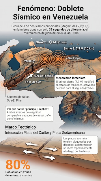 Mapa de Venezuela con puntos de dos sismos de magnitudes 7,2 y 7,5. Texto describe mecanismo sísmico, marco tectónico, la falla de Oca y el riesgo poblacional.