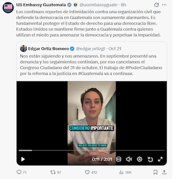 Captura de pantalla de una publicación de la Embajada de Estados Unidos en Guatemala que incluye un video de Edgar Ortiz Romero
