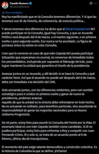 Camilo Romero planteó condiciones para la consulta y defendió participación de Iván Cepeda - crédito @CamiloRomero
