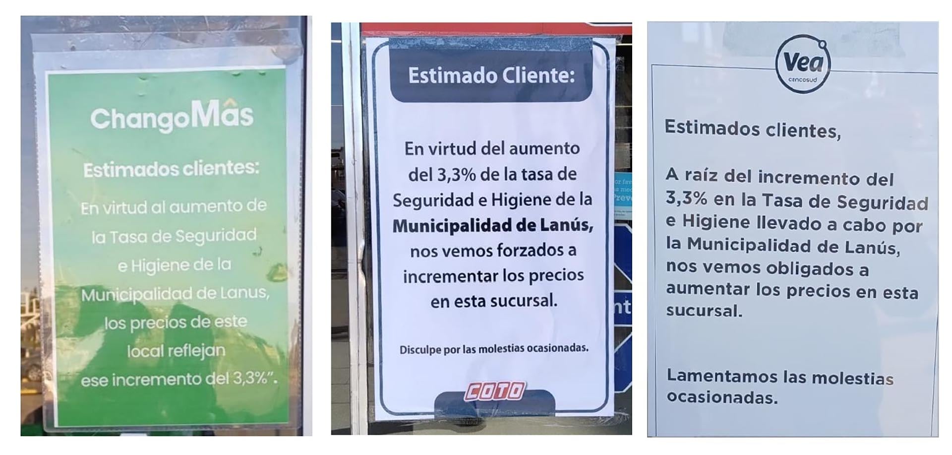 Las cadenas “Changomás”, “Coto” y “VEA” pusieron en la entrada de sus locales en Lanús carteles explicando que se veían forzadas a aumentar los precios