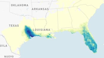 Mapa del sur de Estados Unidos con manchas de color azul y verde sobre los estados de Texas, Luisiana y Florida