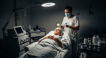 Paciente preocupada en cama recibe tratamiento facial de operadora con mascarilla y guantes. Lámpara brillante ilumina la escena. Equipo médico a un lado.
