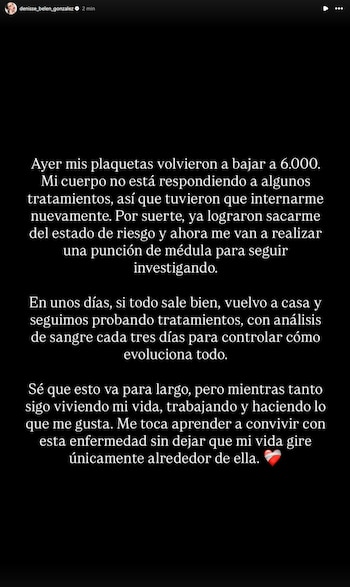 El posteo de Denisse González sobre su nueva internación