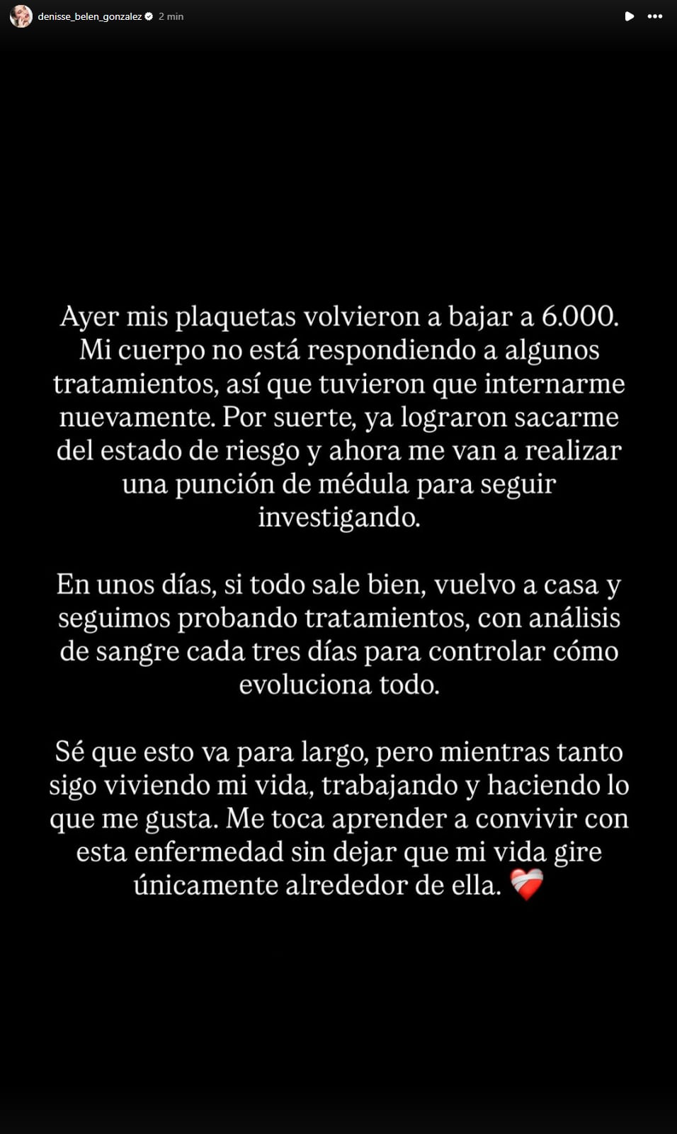 El posteo de Denisse González sobre su nueva internación (Instagram)