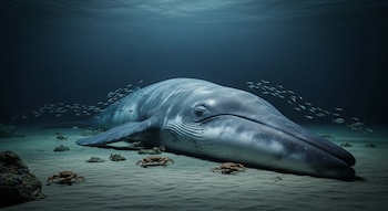 Ilustración de una ballena minke muerta yaciendo en el fondo arenoso del océano, rodeada de peces nadando y cangrejos arrastrándose.