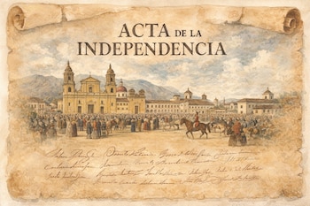 Pergamino con el título "ACTA DE LA INDEPENDENCIA" y varias firmas. Al fondo, ciudad colonial con edificios, plaza llena de personas y montañas.