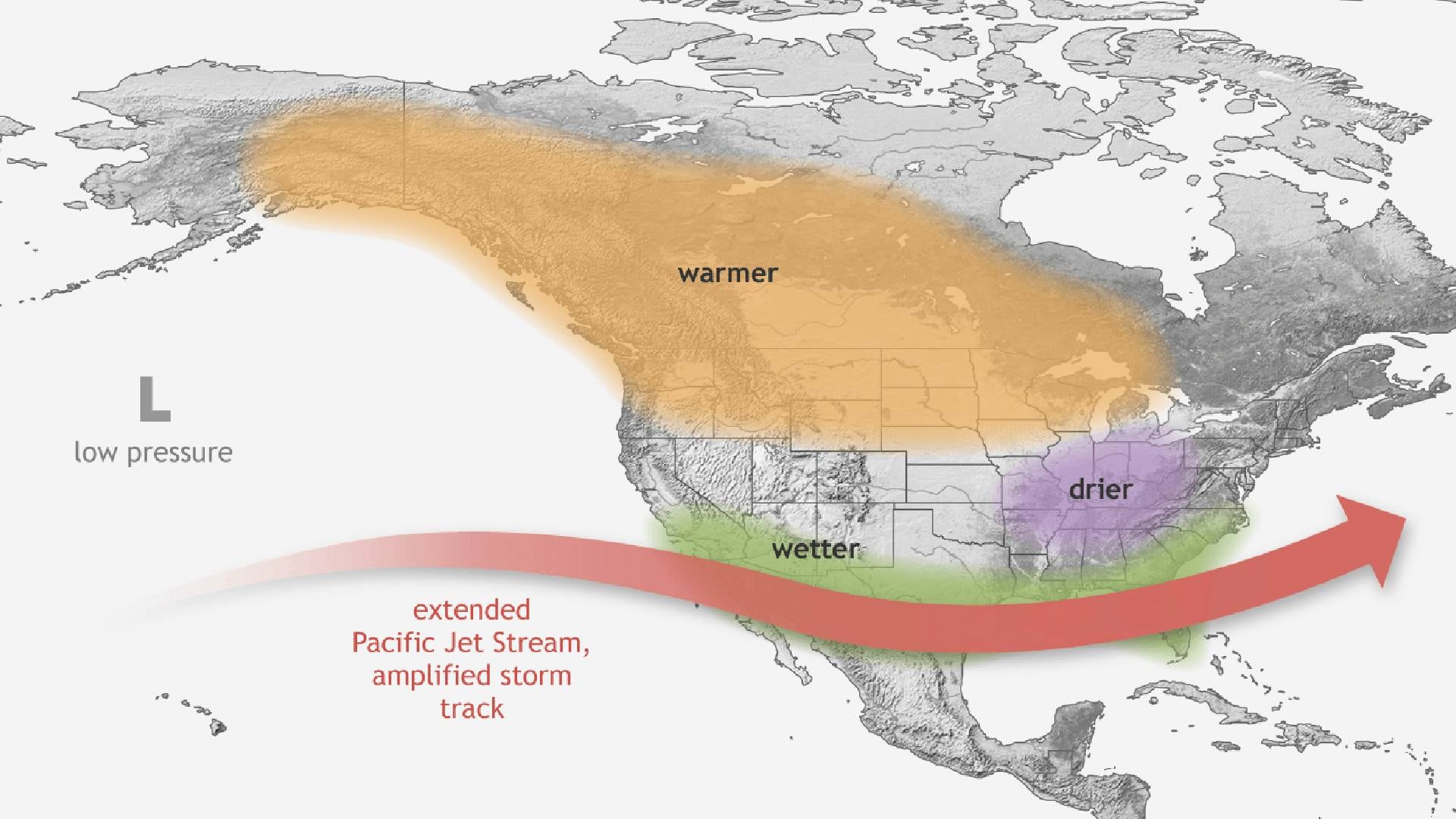 Un mapa de Estados Unidos, Canadá y Centroamérica y parte de Sudamérica que muestra los efectos de El Niño durante el invierno en el hemisferio norte (NOAA)