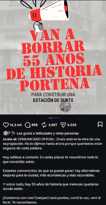 Un cartel digital con la ilustración de un megáfono rojo y el texto Van a borrar 55 años de historia porteña, acompañado de un texto en pantalla