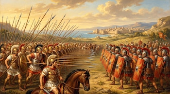 Soldados macedonios con lanzas largas y un líder a caballo se enfrentan a legionarios romanos con escudos rojos cerca de la costa.