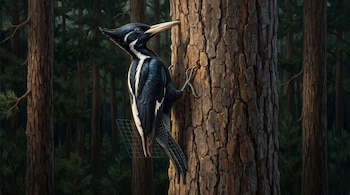 Pájaro carpintero negro y blanco sujeto a la corteza de un árbol con una retícula geométrica en la cola, dentro de un bosque de pinos.