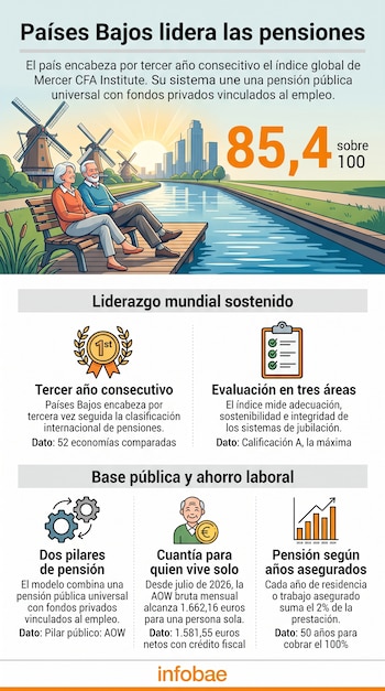 Infografía con una ilustración de una pareja junto a un canal, molinos, varios iconos con texto informativo y el logotipo de Infobae.