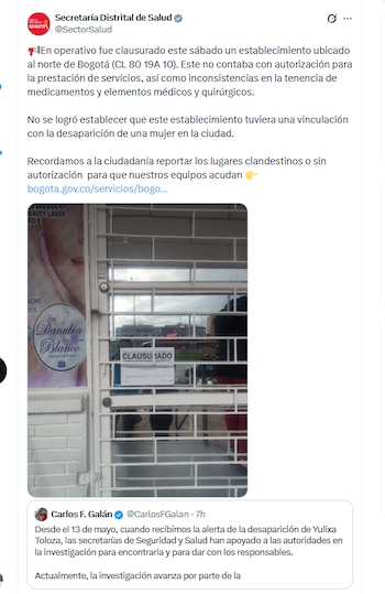 La Secretaría Distrital de Salud cerró un establecimiento llamado Beauty Láser de la doctora Danubia Blanco - crédito @SectorSalud/X