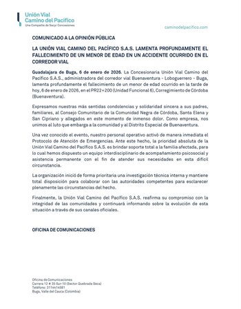 Comunicado emitido por la concesionaria