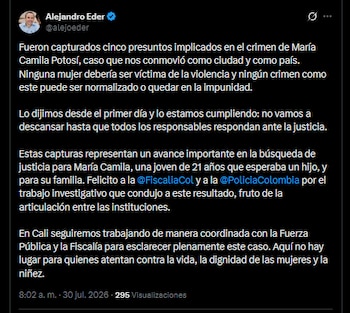 El alcalde de Cali Alejandro Eder confirmó las capturas la mañana del miércoles 30 de julio de 2026 vía X - crédito @alejoeder/X