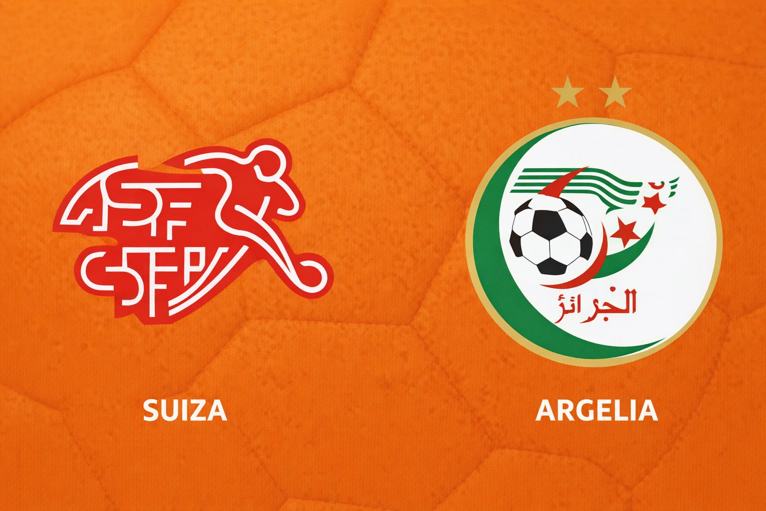 Los escudos oficiales de las selecciones de fútbol de Suiza y Argelia aparecen sobre un fondo naranja con textura. (Imagen Ilustrativa Infobae)