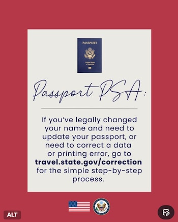 A seção 'Alterar ou corrigir um passaporte' do Travel.State.Gov lista todas as maneiras de alterar as informações ou alterar o nome em um passaporte dos EUA (@TravelGov)