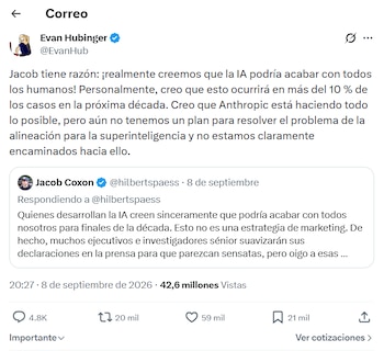 Captura de pantalla de un mensaje de Evan Hubinger en una red social que cita una publicación de Jacob Coxon sobre inteligencia artificial