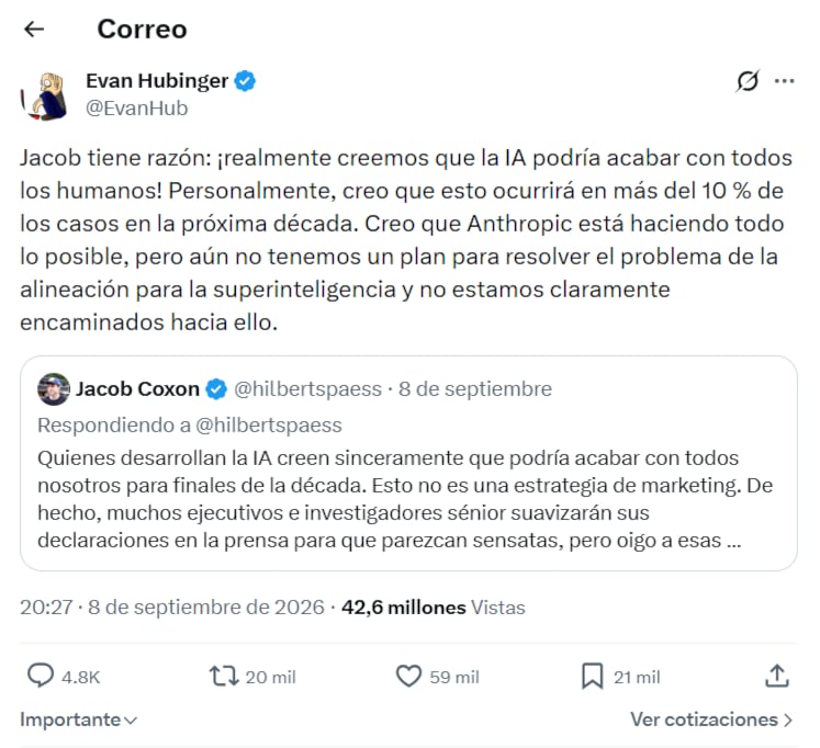 La renuncia de Jacob Coxon a Anthropic reavivó las advertencias sobre los riesgos de una inteligencia artificial cada vez más autónoma. (X: EvanHub)