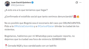 Hay preocupación en Bogotá por los desmanes ocasionados en diferentes sectores - crédito @JD_Quinteror / X