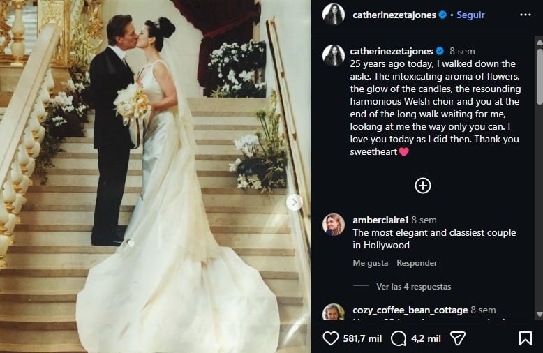 Catherine Zeta-Jones y Michael Douglas se casaron en el año 2000 en el Hotel Plaza de Nueva York. (Instagram)