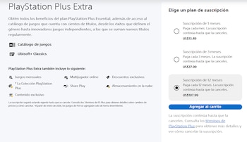 Captura de pantalla de una página web con información sobre PlayStation Plus Extra, opciones de suscripción de 1, 3 y 12 meses con precios y una lista de beneficios