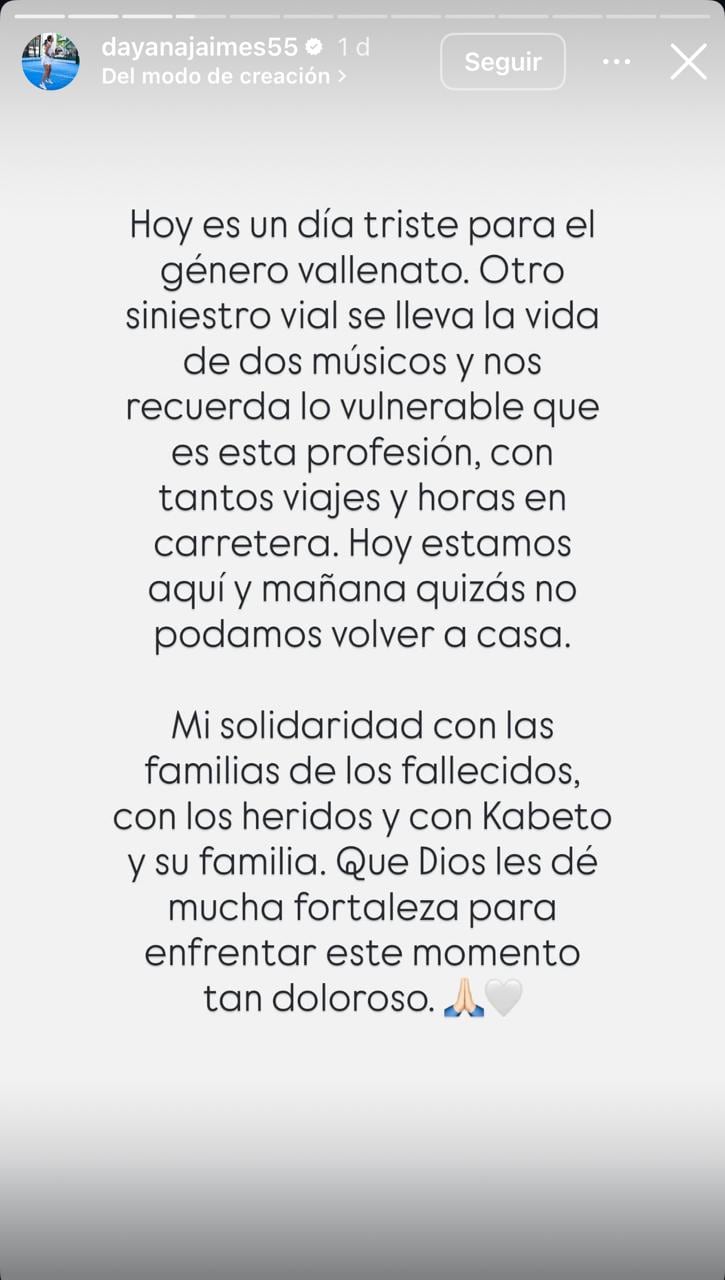 La viuda de Martín Elías recordó la tragedia con el cantante vallenato que perdió la vida en similares circunstancias - crédito @dayanajaimes55/IG