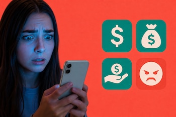 Una mujer sostiene un teléfono celular junto a cuatro íconos de dinero y un rostro enojado sobre fondo rojo.