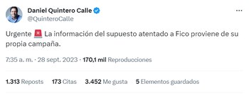 La publicación de Daniel Quintero sobre las amenazas que recibió Federico Gutiérrez