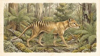 Ilustración de un tigre de Tasmania de perfil, caminando en un bosque de eucaliptos rodeado de helechos y troncos.