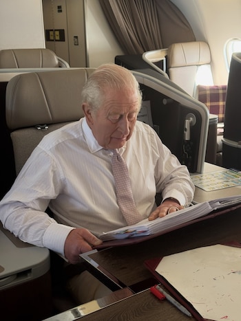 La reina Camila a bordo del avión Vespina. (Instagram @theroyalfamily)