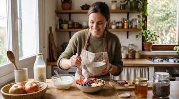 Una mujer sirve yogur sobre frutas en una mesa de madera con un tarro de miel, manzanas y una botella de leche.