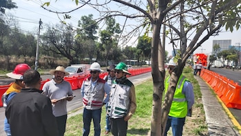 Un grupo de hombres, algunos con cascos y chalecos reflectantes, de pie en un área verde. Se observan barreras de construcción naranjas a lo largo de una carretera